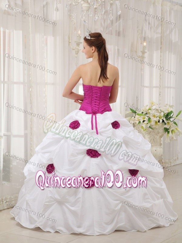 Fuchsia and White Ruche Sweet 16 Dresses with Hand Made Flowers