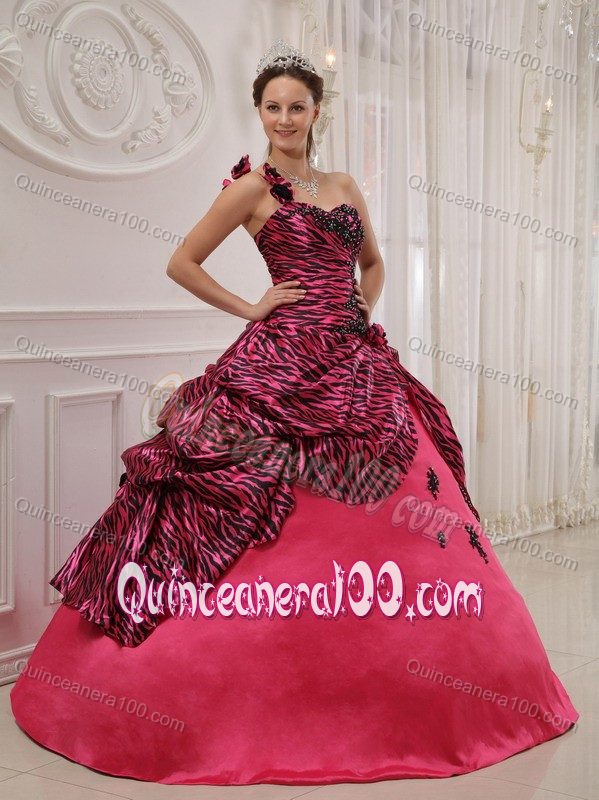 Zebra Print One Shoulder Quinceanera Gown Dress with Appliques