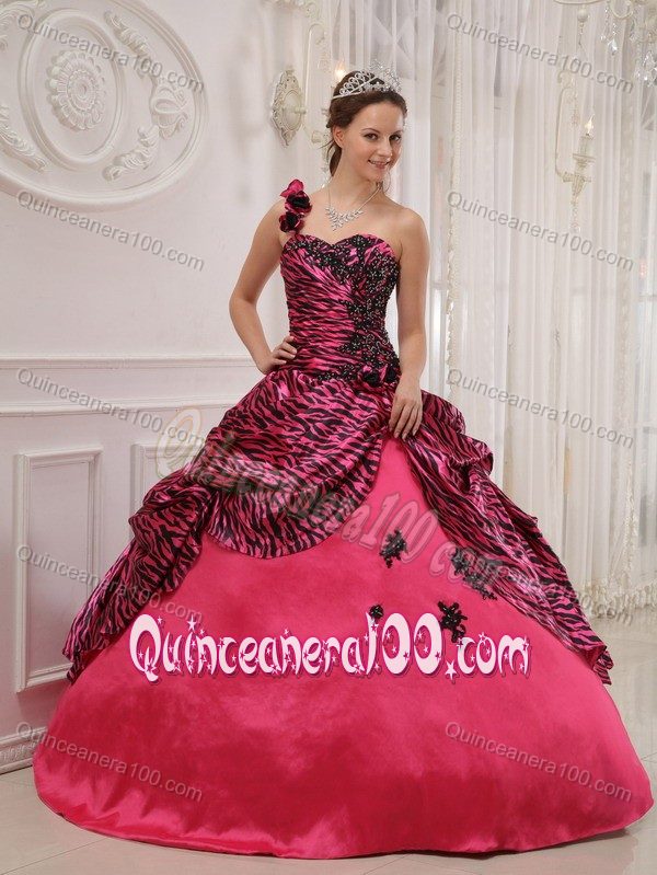 Zebra Print One Shoulder Quinceanera Gown Dress with Appliques