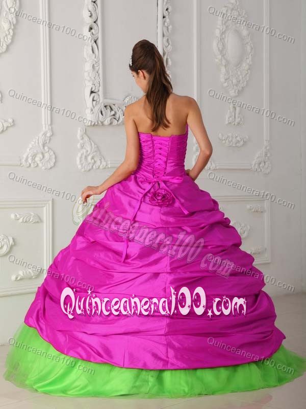 Best Fuchsia and Green Appliques Dress for Quince with Pick-ups