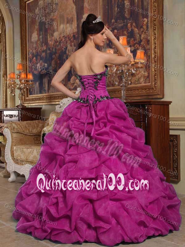 New Fuchsia Sweetheart Appliques Sweet 16 Dresses with Pick-ups