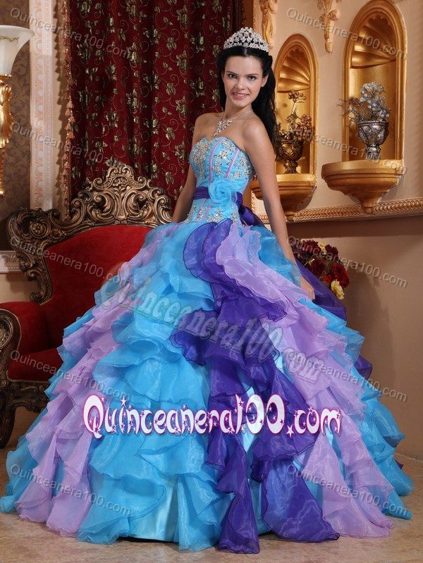 Multi-Colored Ruffles Organza Dress for Quinceanera with Appliques