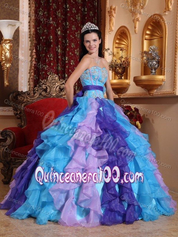 Multi-Colored Ruffles Organza Dress for Quinceanera with Appliques