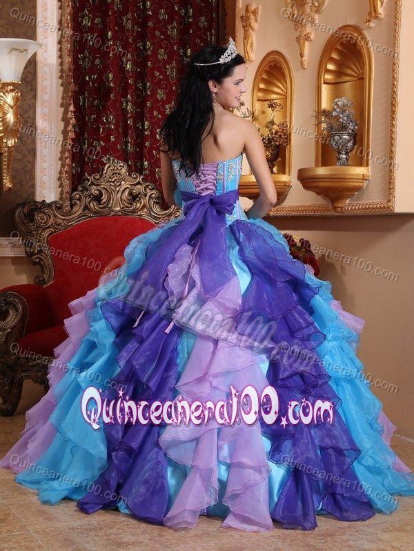 Multi-Colored Ruffles Organza Dress for Quinceanera with Appliques