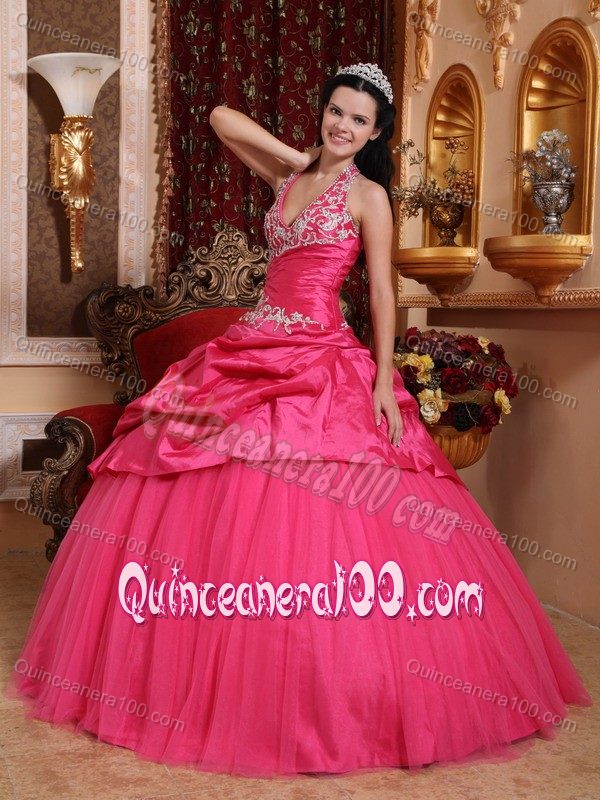 Halter Top Appliques Hot Pink Dress for Quince in Taffeta and Tulle