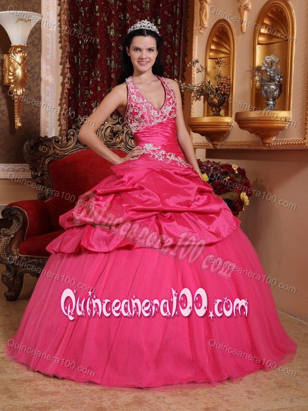 Halter Top Appliques Hot Pink Dress for Quince in Taffeta and Tulle