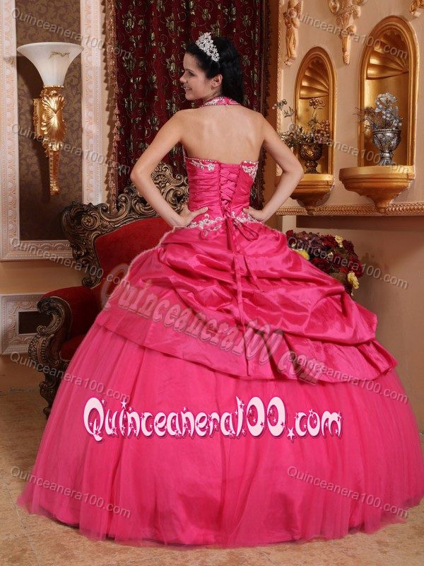 Halter Top Appliques Hot Pink Dress for Quince in Taffeta and Tulle