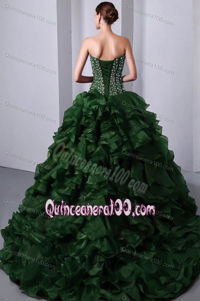 Noble Beaded Sweetheart Green Quince Dresses with Ruffled Layers