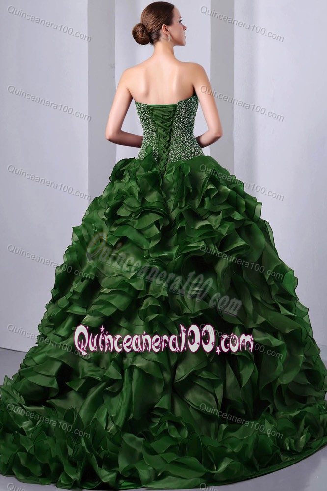 Green Ruffled Layers Quince Dress with Beaded and Ruched Bodice