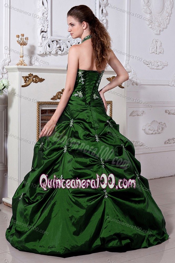 Dark Green Halter Top Beaded Embroidery Sweet 15 Dress in Vogue