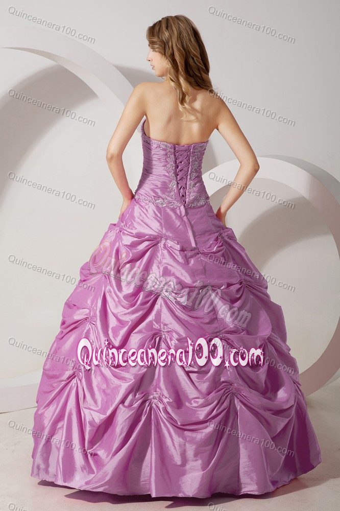 Lavender Ruche Appliques Dresses for a Quinceanera with Pick-ups