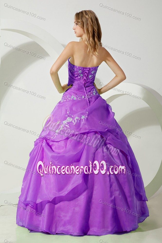 Purple Strapless Ruche Organza Dress for Quince with Embroidery