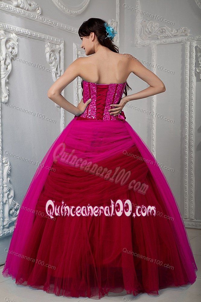 Tulle Fuchsia and Wine Red Ruche Quinceanera Dresses with Sequins