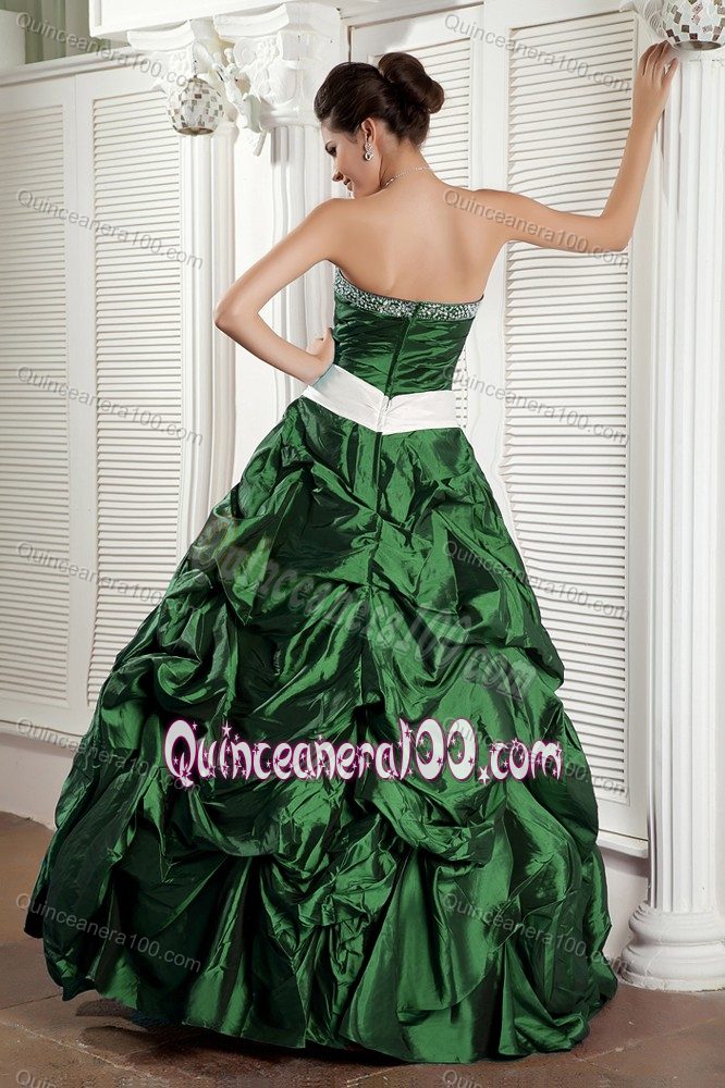 Dark Green Beading Ruche Bodice Pick-ups Sweet 15 Dresses with Bow