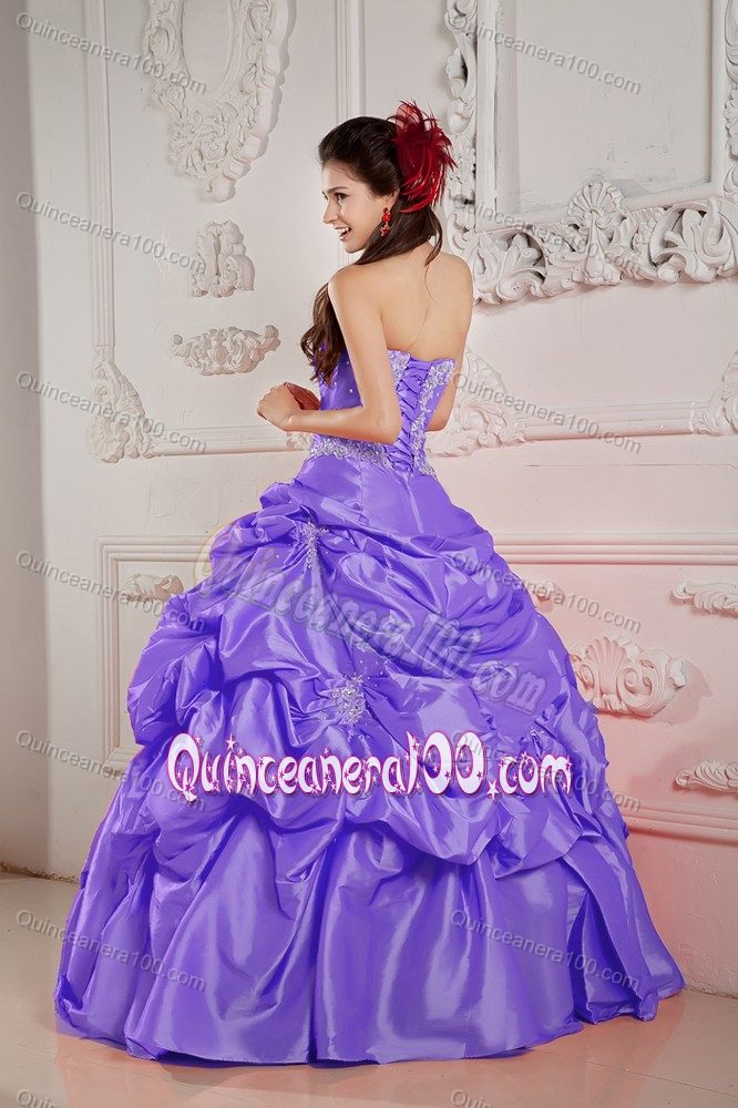 Strapless Pick-ups Appliques Quince Dresses with Beading in Lilac