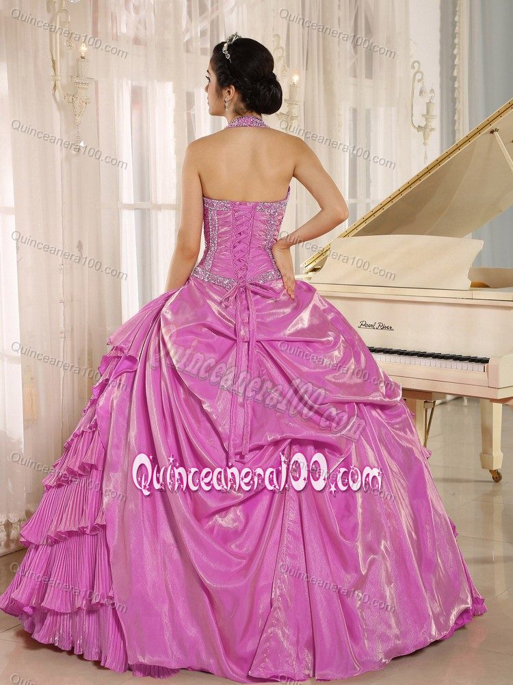 Discount Beaded Tiered Hot Pink Halter Quinceanera Party Dress