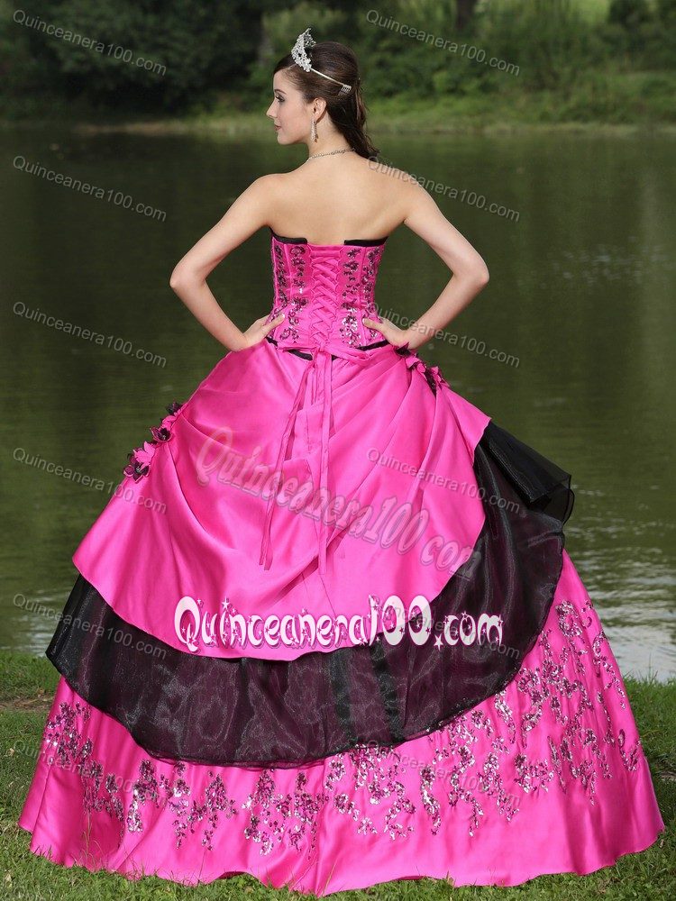 Custom Made Appliqued Hot Pink and Black Quinceanera Dresses