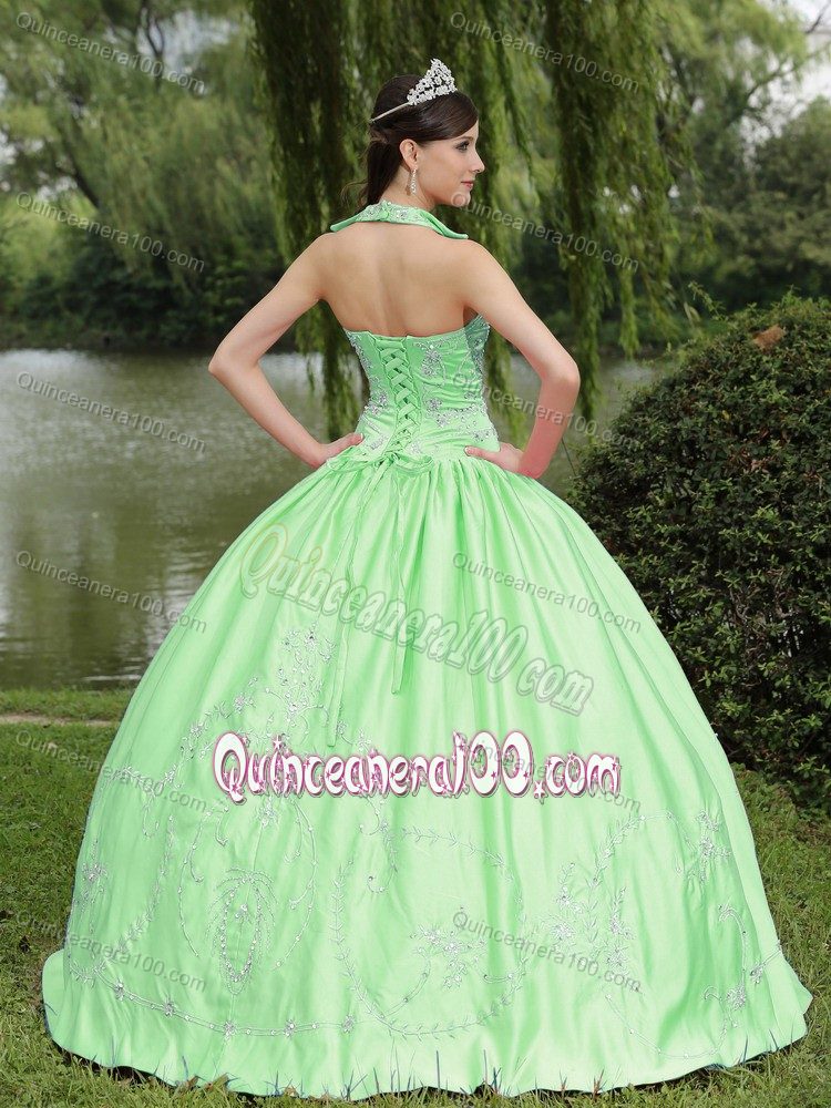 Appliqued Spring Green Halter Quinceanera Dresses about 200