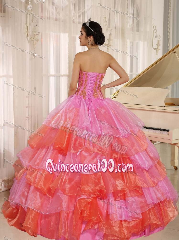 Multi-color Appliqued Ruffled Organza Quinceanera Party Dress