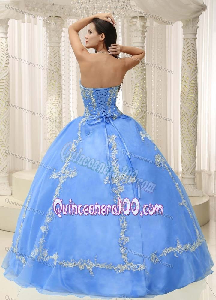 Pretty Baby Blue Appliqued Beaded Quinceanera Gown Dresses