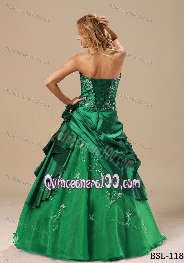 Strapless Green Quinces Dress with Embroidery and Pick Ups