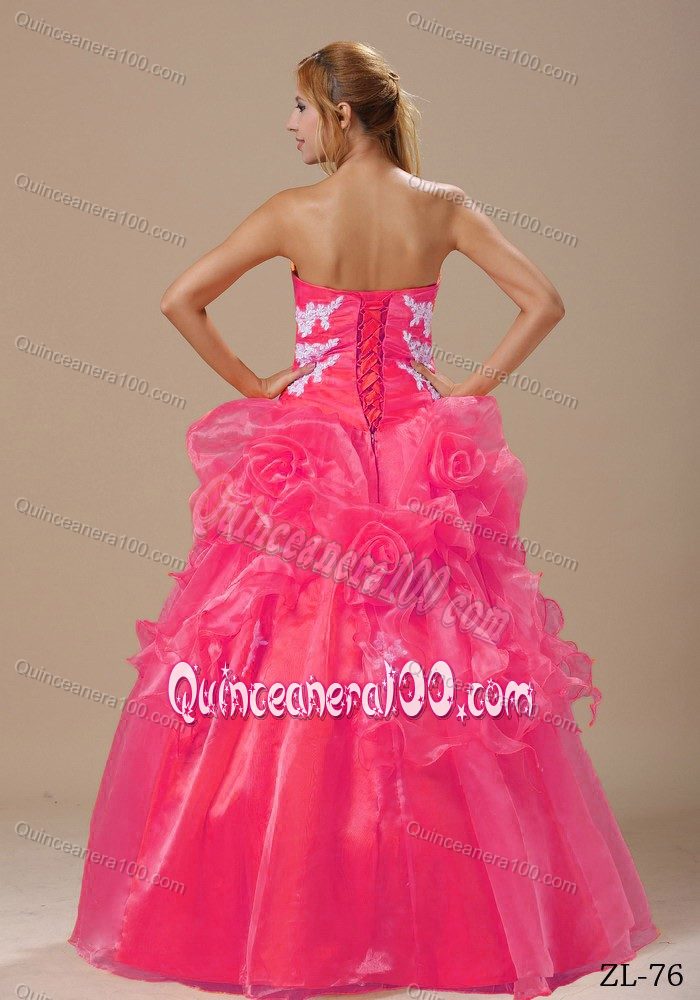 Pretty Appliqued Hot Pink Quinces Dress with Rolling Flowers