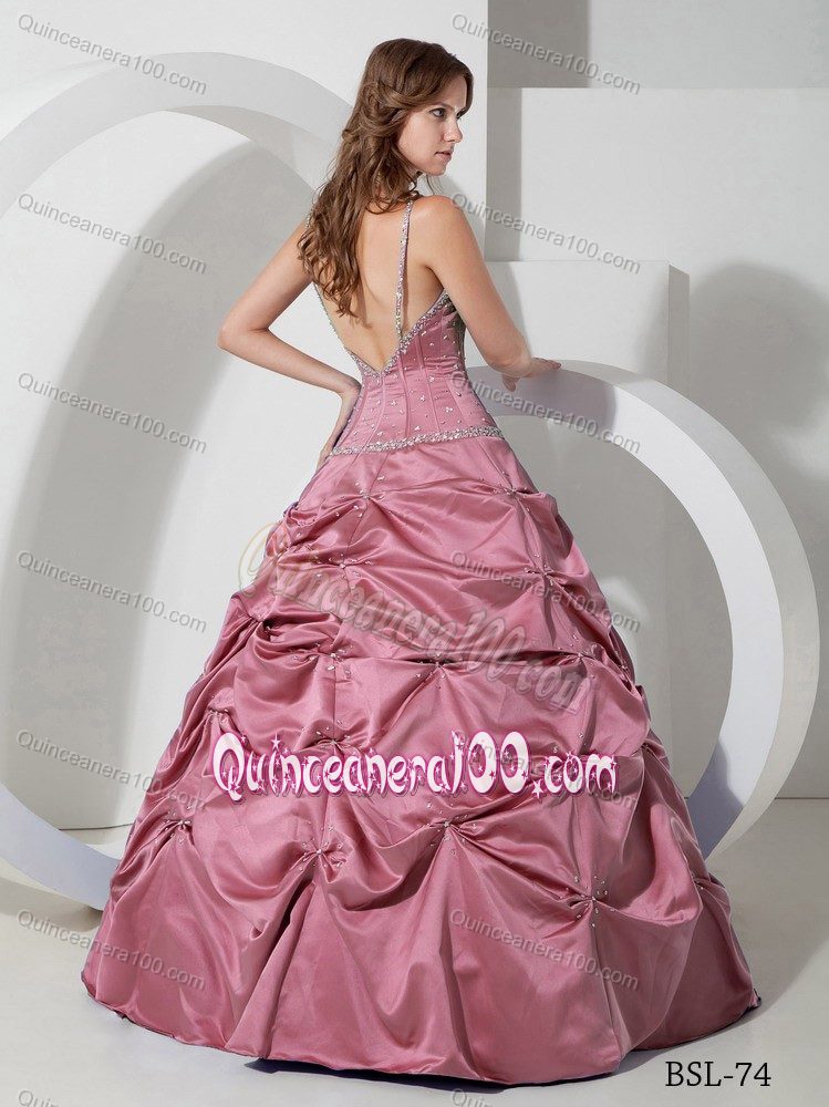 Spaghetti Straps Beaded Watermelon Quinceanera Gown for Rent