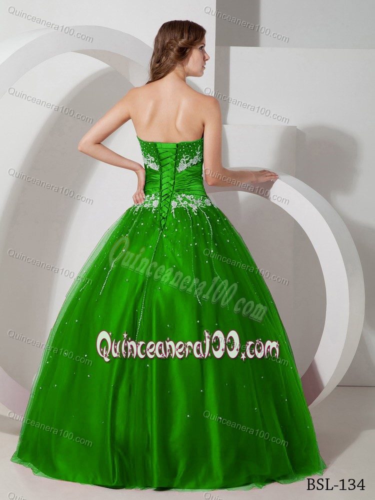 Taffeta Tulle Beaded Appliqued Spring Green Dress for Sweet 16