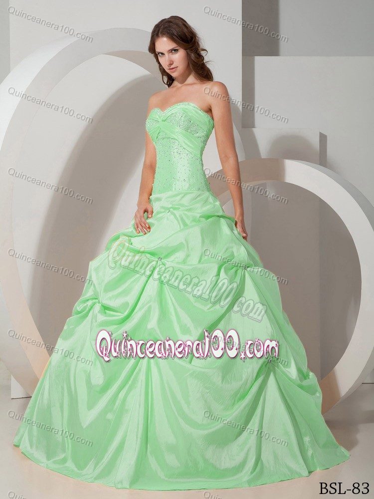 Low Price Apple Green Sweet 15 Dress with Beading and Pick-ups