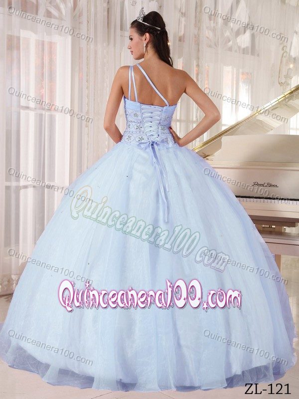 Noble Light Blue One Shoulder Sweet 16 Dress with Rhinestones