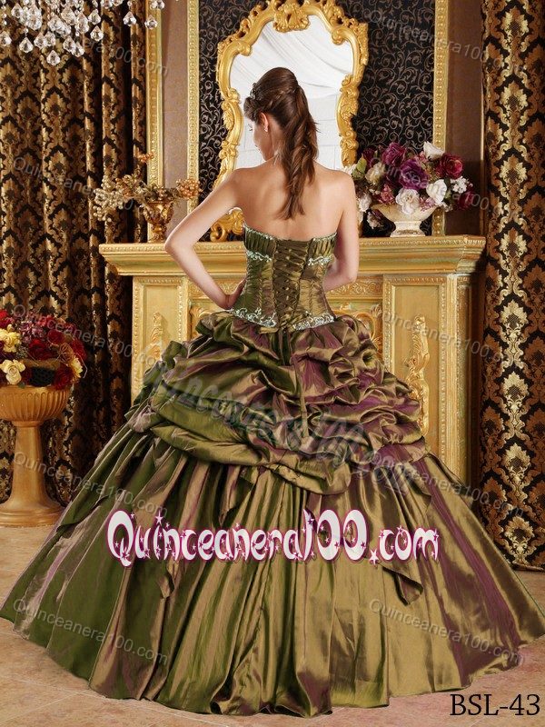 Taffeta Pick-ups Appliqued Olive Green Quinceanera Gown Dress