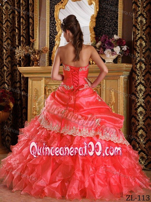 Cheap Organza Appliqued Ruffled Watermelon Dress for a Quince