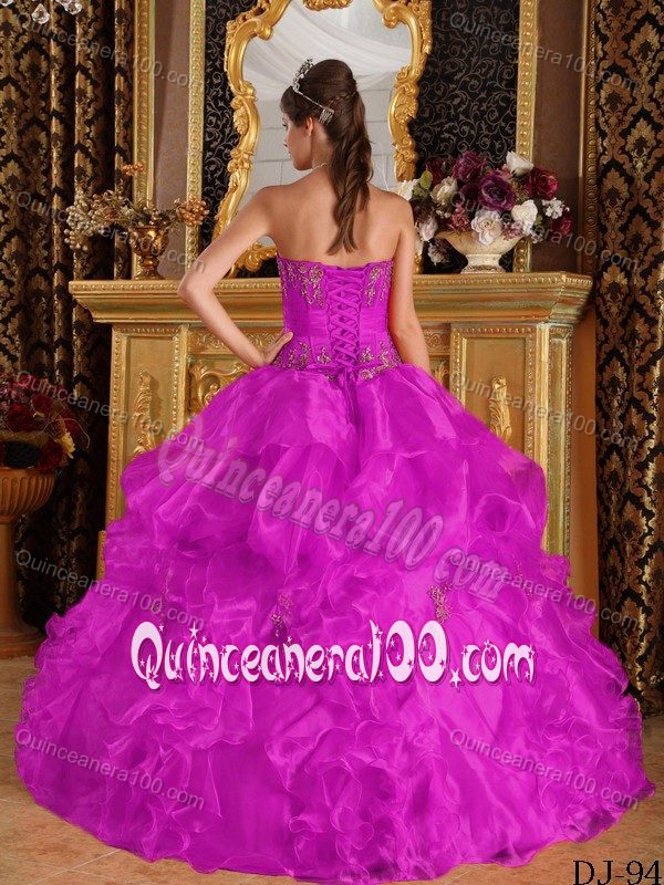 Perfect Strapless Appliqued Fuchsia Quinceaneras Dress for Rent