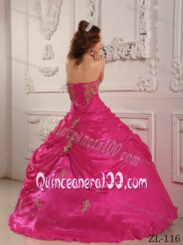 Popular Strapless Appliqued Hot Pink Quinceanera Gown Dresses