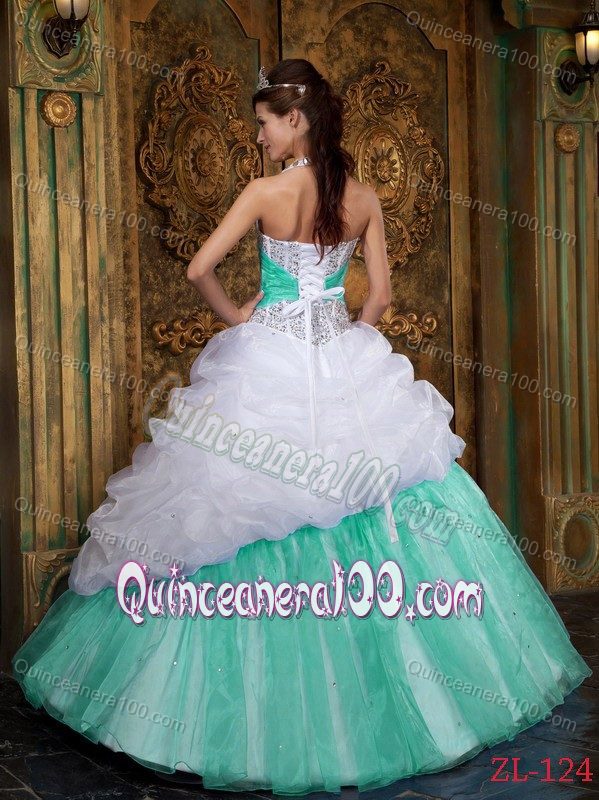 A-line Beaded Halter White and Apple Green Quinces Dresses