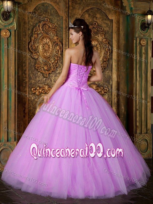 Ball Gown Strapless Ruched Beaded Lavender Quinces Dresses