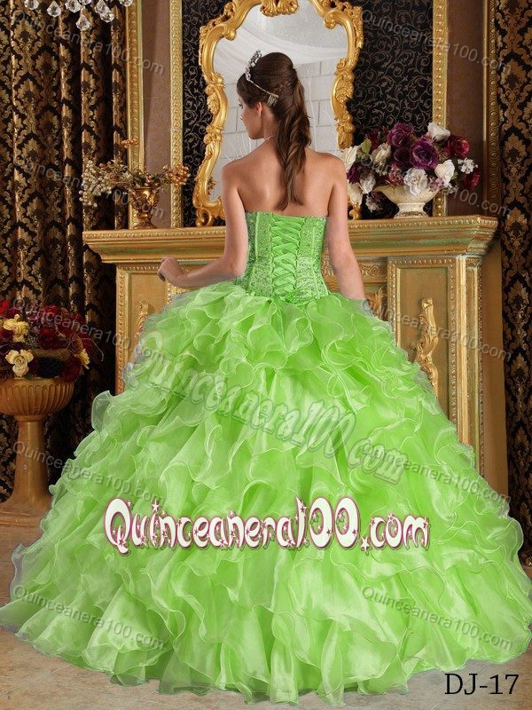 2013 Sweetheart Ruffled Beaded Spring Green Sweet 16 Dresses