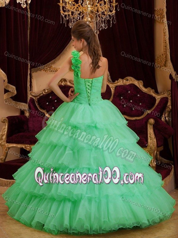 Best Apple Green One Shoulder Ruffled Dress for a Quinceanera