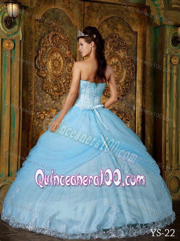 Corset Back Strapless Appliqued Baby Blue Quinceanera Dresses