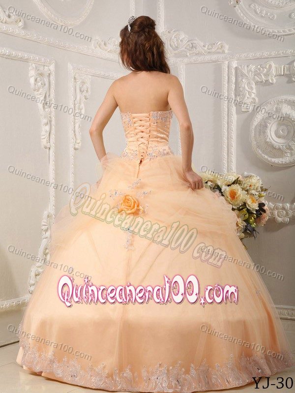 Peach Sweet 16 Quinceanera Dresses with Appliques and Flowers