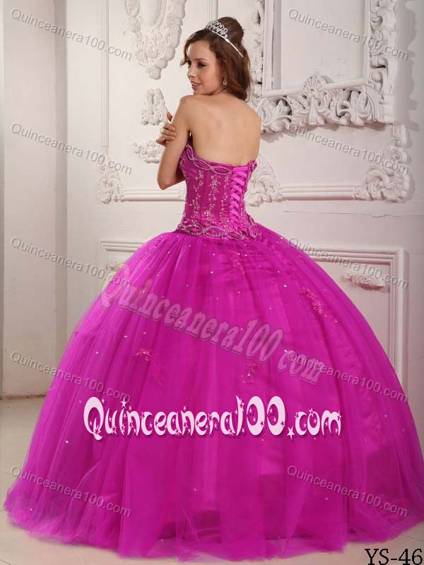 Corset Back Strapless Tulle Appliqued Fuchsia Quinceanera Gown