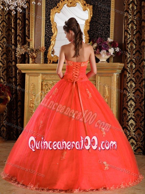 Best Rust Red Halter Top Quinceanera Party Dress with Lace Hem