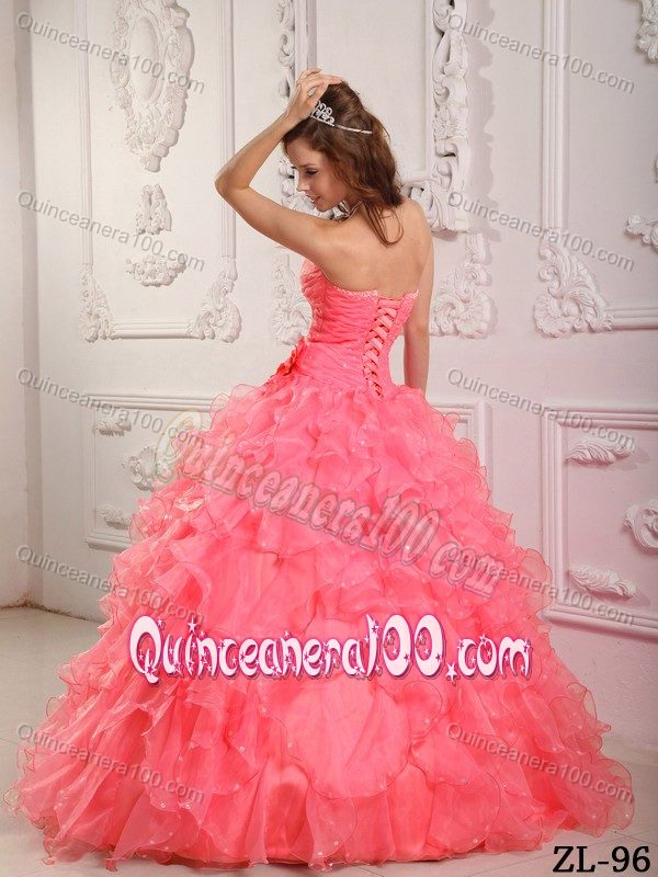 Watermelon Red Ruffled Sweet 15 Dresses with Handmade Flower