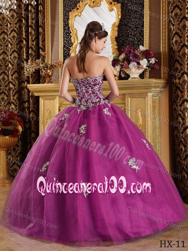 2014 Ball Gown Sweetheart Appliqued Fuchsia Quinceanera Dress