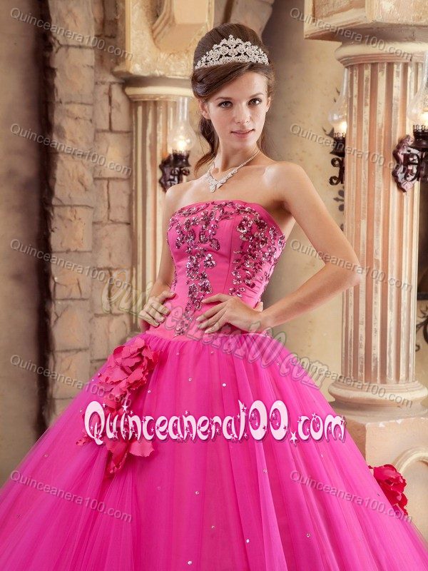 Beading Hot Pink Hand Made Flowers Appliques Quinceanera Gown