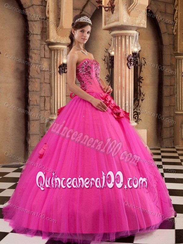 Beading Hot Pink Hand Made Flowers Appliques Quinceanera Gown