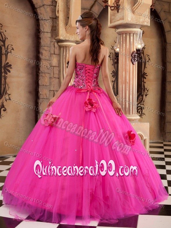 Beading Hot Pink Hand Made Flowers Appliques Quinceanera Gown