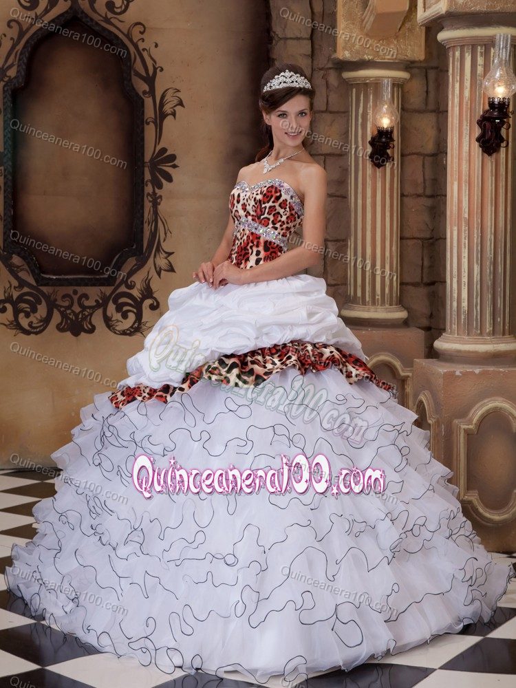 White Sweetheart Pick-ups and Ruffles Leopard Quinceanera Gown