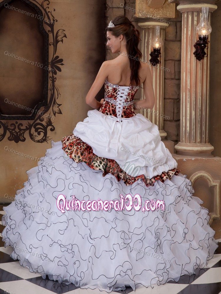 White Sweetheart Pick-ups and Ruffles Leopard Quinceanera Gown