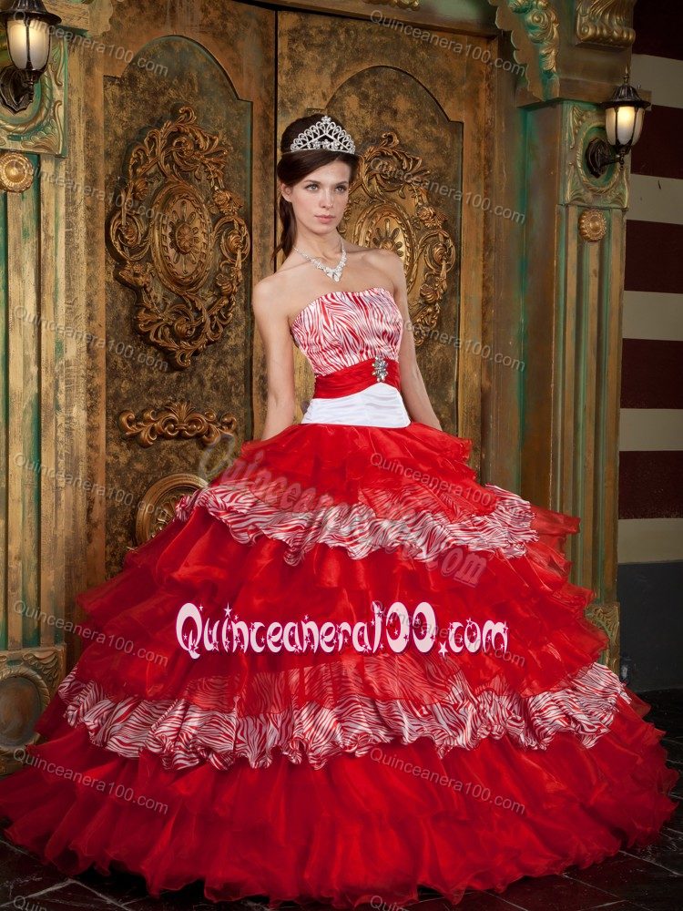 Keren Anns Red Strapless Multi-tiered Zebra Decorate Quince Dresses with Sash